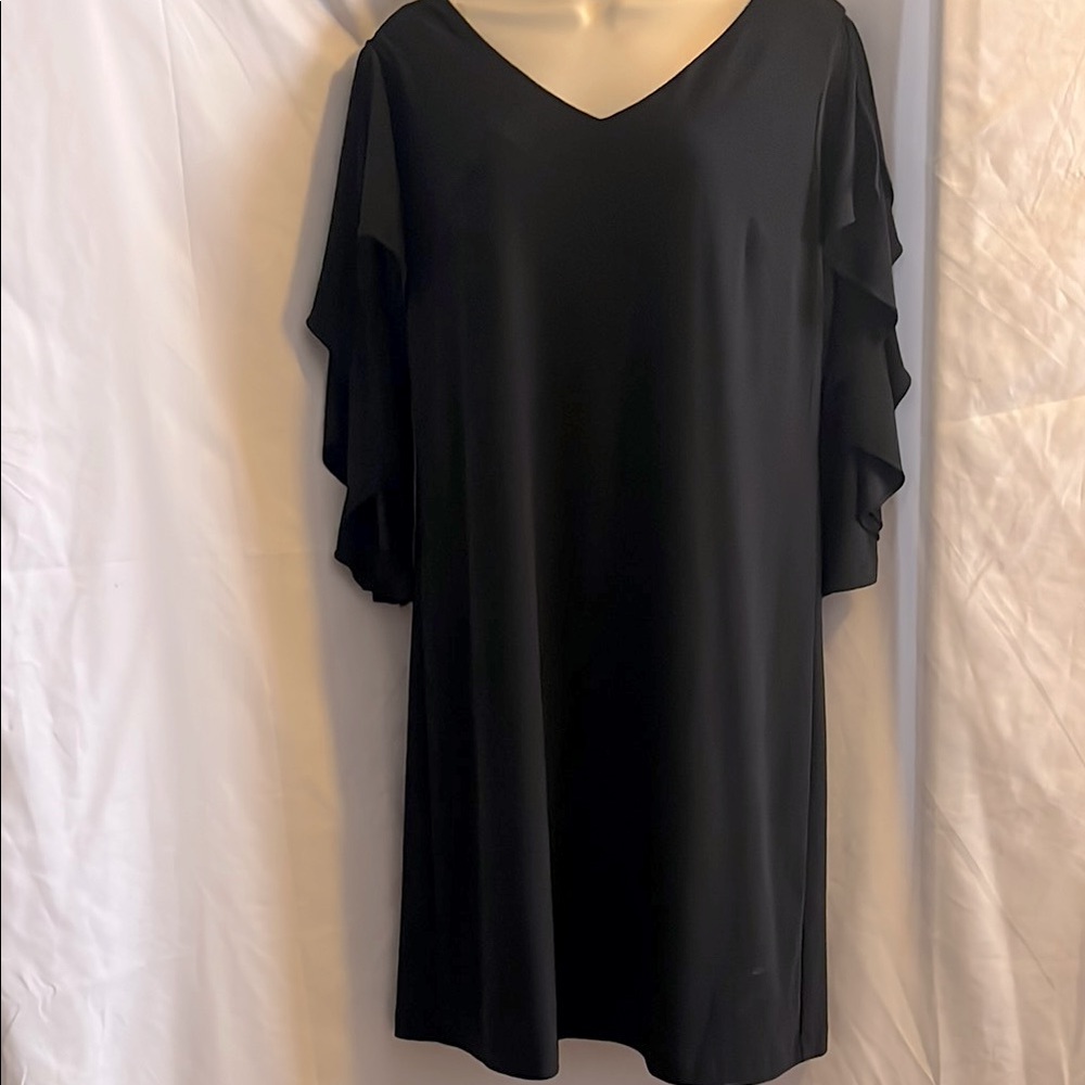 Jones New York Elegant Black V-Neck Sheath Dress, Lined Crepe. Peek-a-boo sleeve